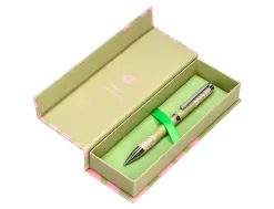 Stylo-bille belius ink dreams aluminium attributs argent encre bleue coloris vert matcha ondulations rose coffret cadeau