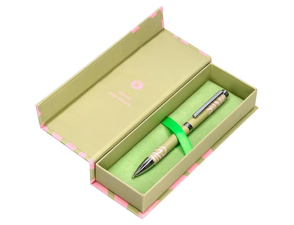 Stylo-bille belius ink dreams aluminium attributs argent encre bleue coloris vert matcha ondulations rose coffret cadeau