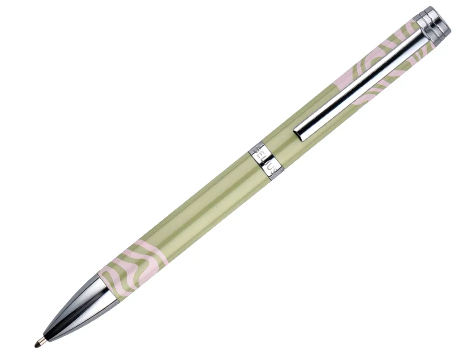 Stylo-bille belius ink dreams aluminium attributs argent encre bleue coloris vert matcha ondulations rose coffret cadeau