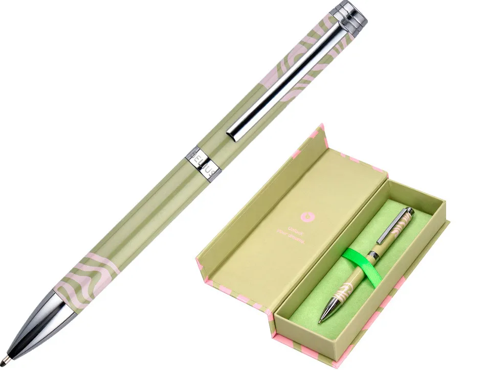 Stylo-bille belius ink dreams aluminium attributs argent encre bleue coloris vert matcha ondulations rose coffret cadeau