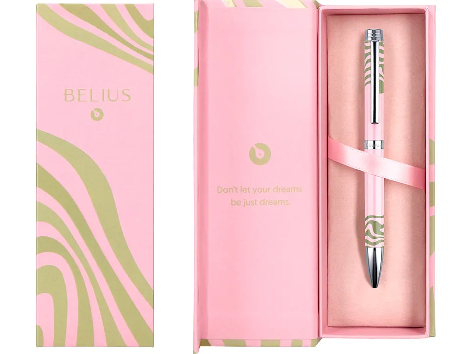 Stylo-bille belius ink dreams aluminium attributs argent encre bleue coloris rose ondulations vert matcha coffret cadeau