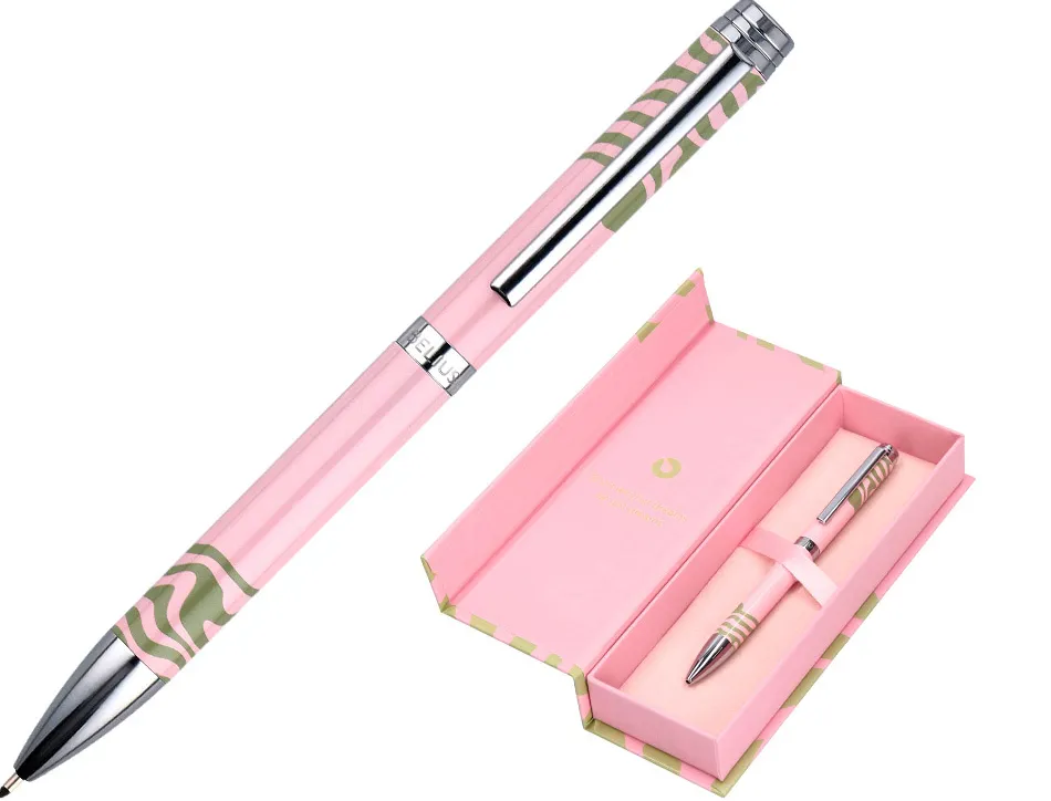 Stylo-bille belius ink dreams aluminium attributs argent encre bleue coloris rose ondulations vert matcha coffret cadeau
