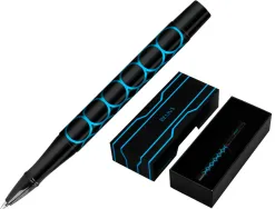 Stylo-bille belius legacy aluminium encre bleue design cercles bleux corps noir boite design