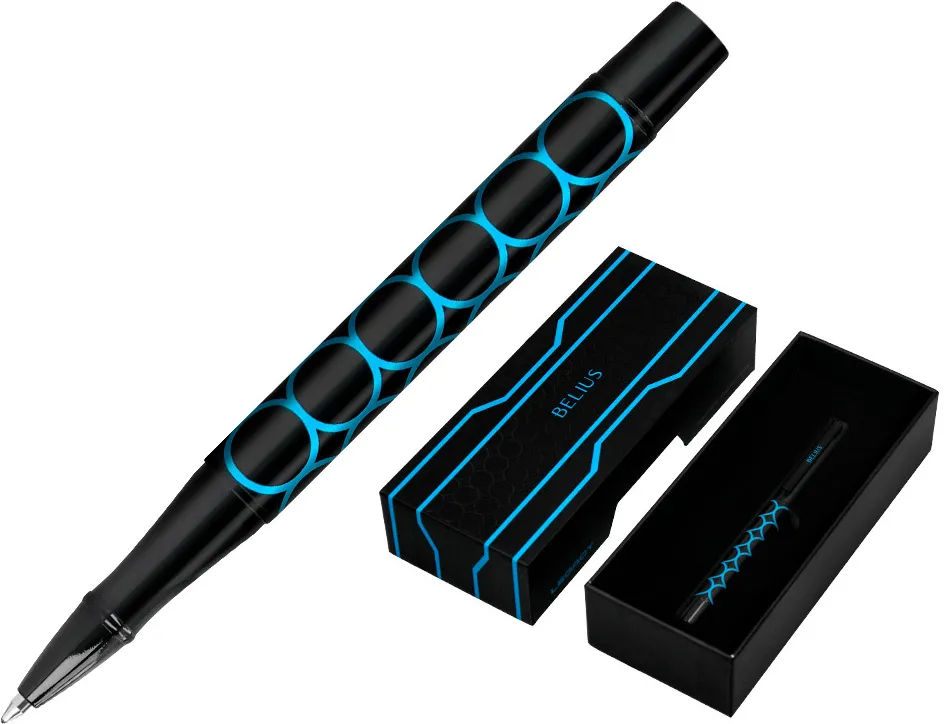 Stylo-bille belius legacy aluminium encre bleue design cercles bleux corps noir boite design