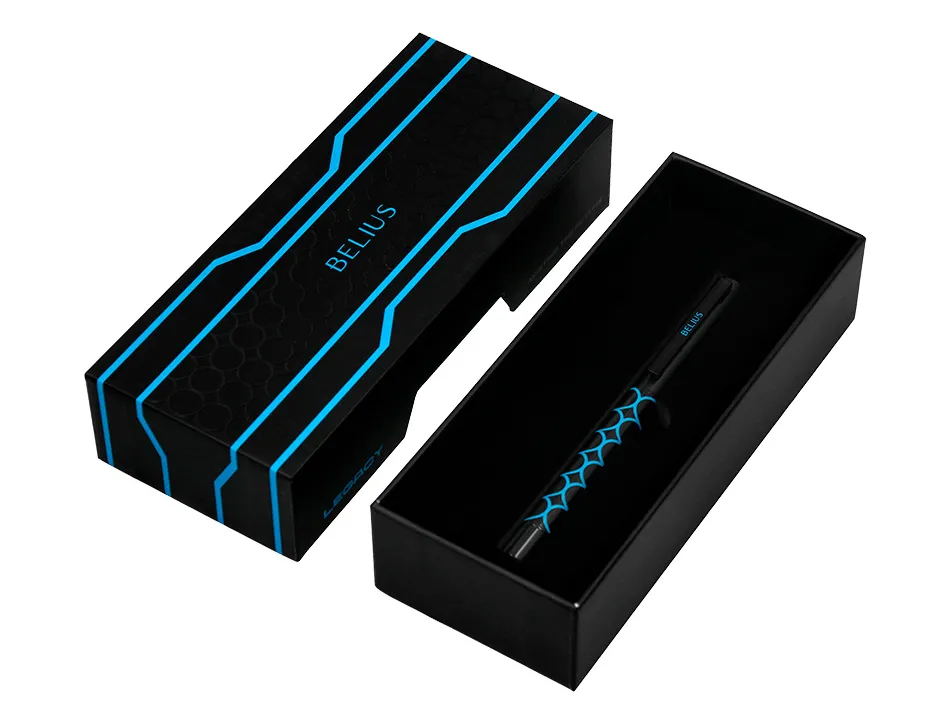 Stylo-bille belius legacy aluminium encre bleue design cercles bleux corps noir boite design