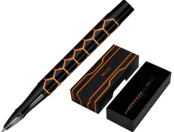 Stylo-bille belius legacy aluminium encre bleue design hexagone orange corps noir boite design