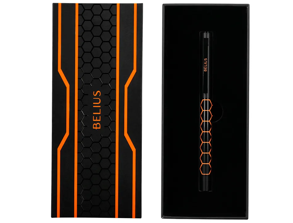 Stylo-bille belius legacy aluminium encre bleue design hexagone orange corps noir boite design