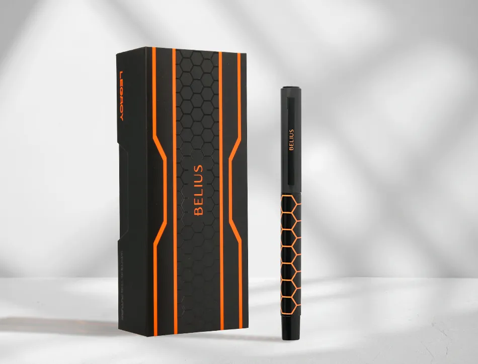 Stylo-bille belius legacy aluminium encre bleue design hexagone orange corps noir boite design