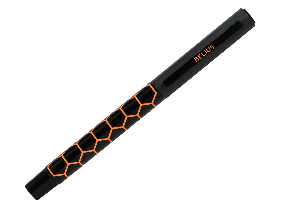 Stylo-bille belius legacy aluminium encre bleue design hexagone orange corps noir boite design