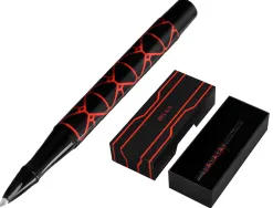 Stylo-bille belius legacy aluminium encre bleue design triangle rouge corps noir boite design