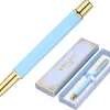 Stylo-bille belius macaron bliss hexagonal aluminium details et attributs or encre bleue coloris bleu coffret cadeau