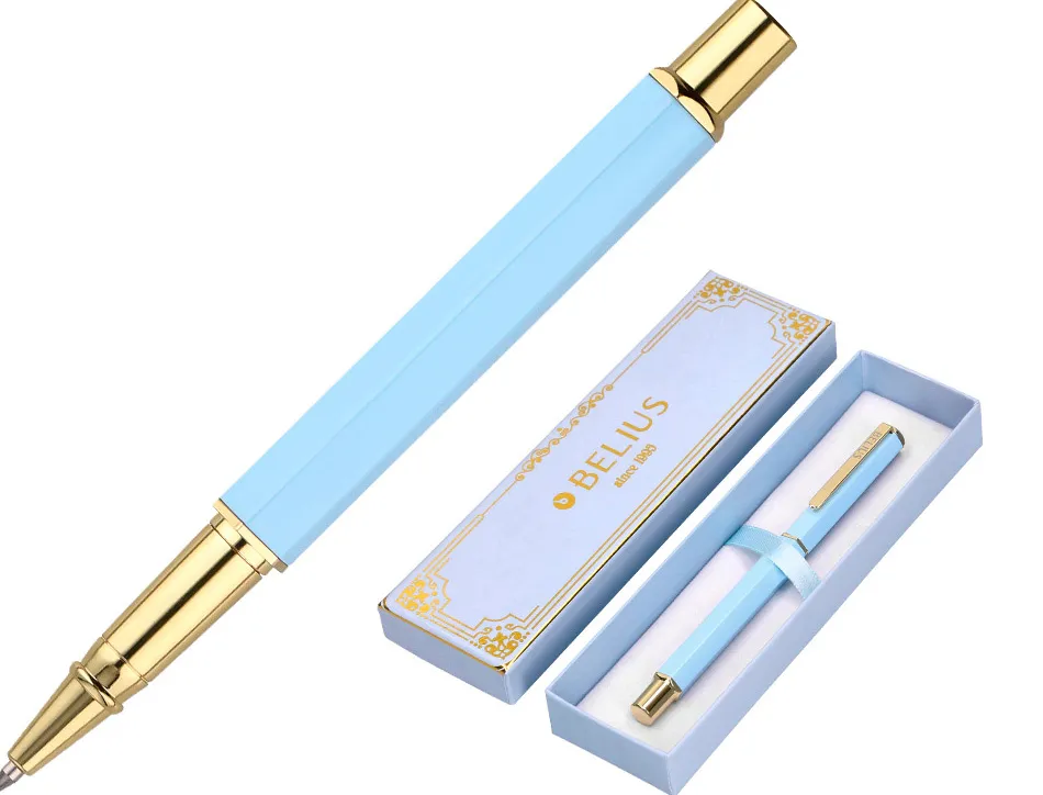 Stylo-bille belius macaron bliss hexagonal aluminium details et attributs or encre bleue coloris bleu coffret cadeau