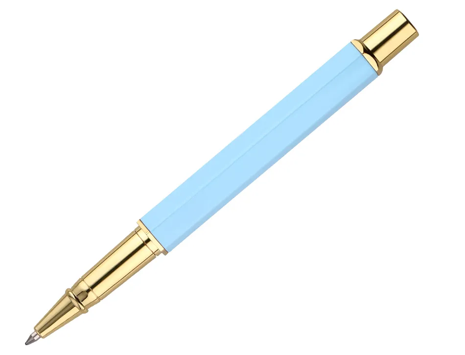 Stylo-bille belius macaron bliss hexagonal aluminium details et attributs or encre bleue coloris bleu coffret cadeau