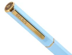 Stylo-bille belius macaron bliss hexagonal aluminium details et attributs or encre bleue coloris bleu coffret cadeau
