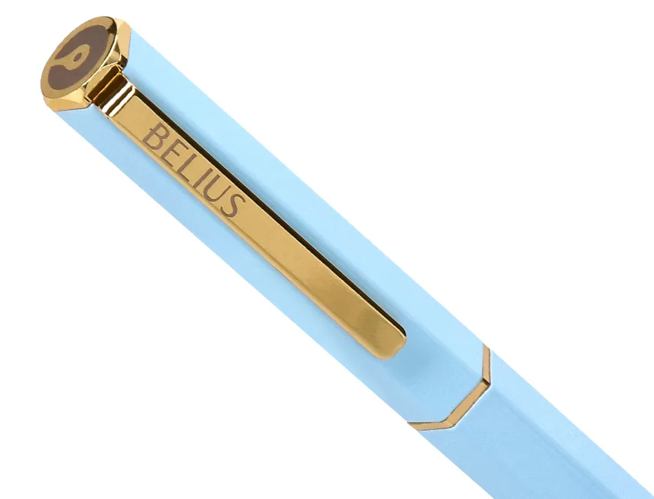 Stylo-bille belius macaron bliss hexagonal aluminium details et attributs or encre bleue coloris bleu coffret cadeau