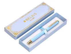 Stylo-bille belius macaron bliss hexagonal aluminium details et attributs or encre bleue coloris bleu coffret cadeau