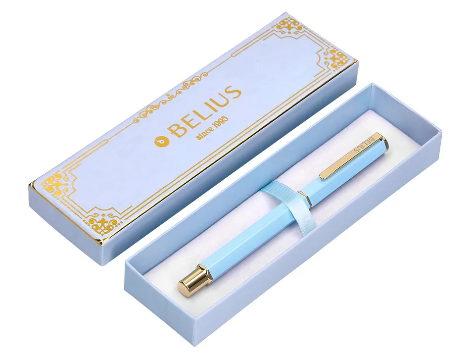 Stylo-bille belius macaron bliss hexagonal aluminium details et attributs or encre bleue coloris bleu coffret cadeau