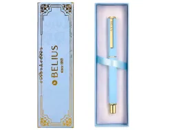 Stylo-bille belius macaron bliss hexagonal aluminium details et attributs or encre bleue coloris bleu coffret cadeau