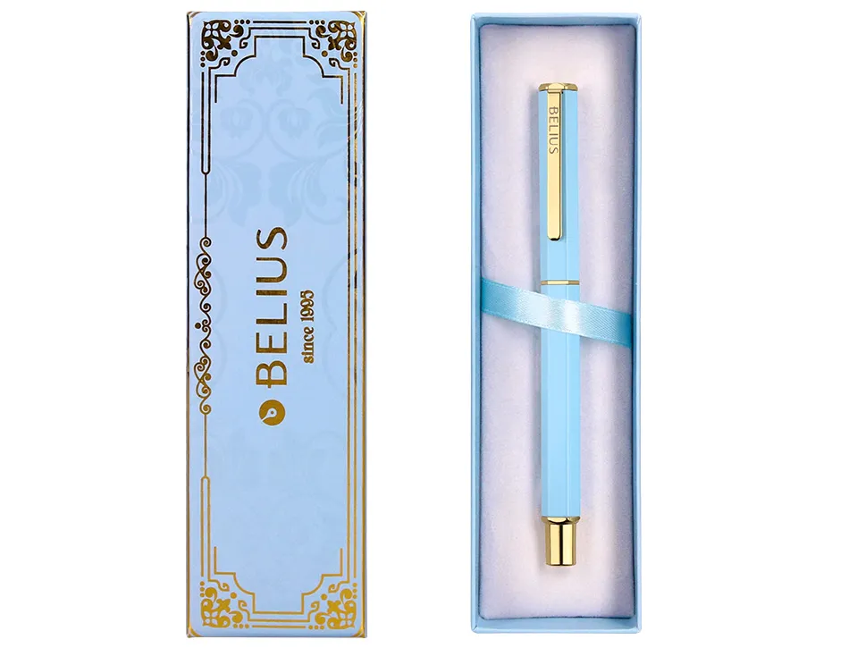 Stylo-bille belius macaron bliss hexagonal aluminium details et attributs or encre bleue coloris bleu coffret cadeau