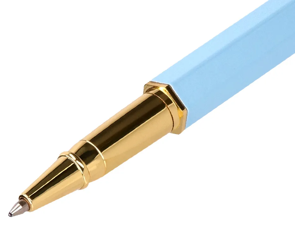 Stylo-bille belius macaron bliss hexagonal aluminium details et attributs or encre bleue coloris bleu coffret cadeau