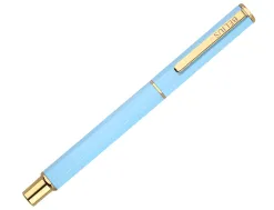 Stylo-bille belius macaron bliss hexagonal aluminium details et attributs or encre bleue coloris bleu coffret cadeau