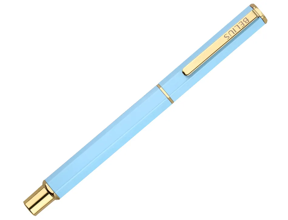 Stylo-bille belius macaron bliss hexagonal aluminium details et attributs or encre bleue coloris bleu coffret cadeau