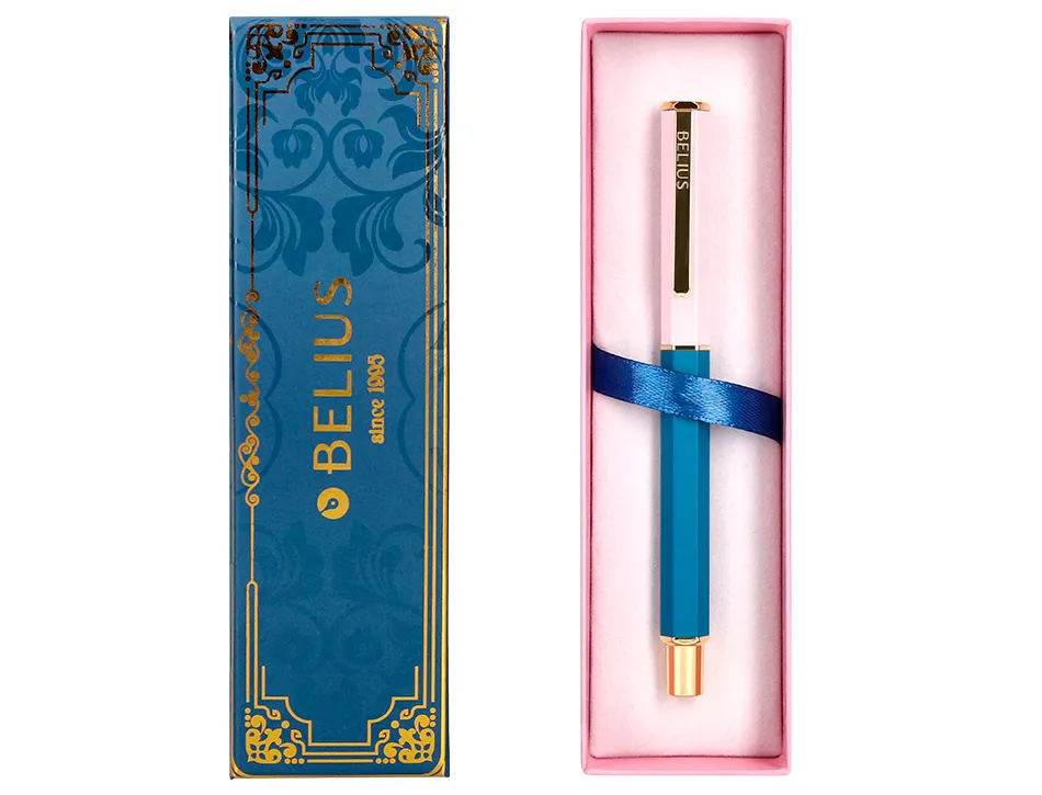 Stylo-bille belius macaron bliss hexagonal aluminium details et attributs or encre bleue col. bleu/rose coffret cadeau