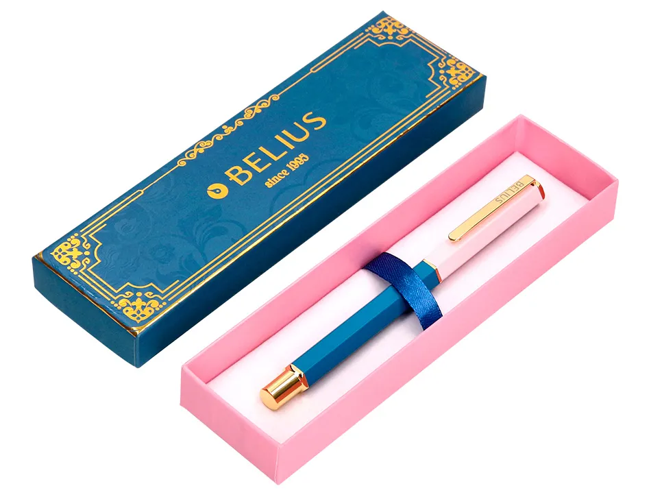 Stylo-bille belius macaron bliss hexagonal aluminium details et attributs or encre bleue col. bleu/rose coffret cadeau