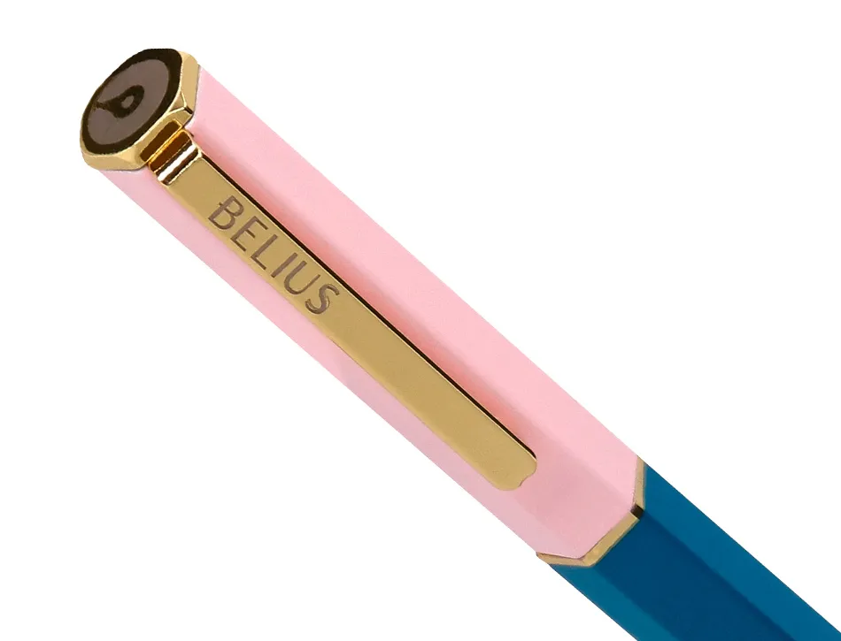 Stylo-bille belius macaron bliss hexagonal aluminium details et attributs or encre bleue col. bleu/rose coffret cadeau