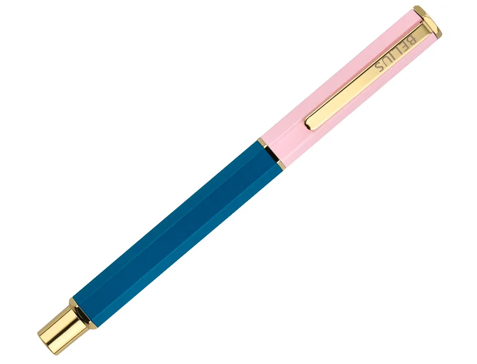 Stylo-bille belius macaron bliss hexagonal aluminium details et attributs or encre bleue col. bleu/rose coffret cadeau