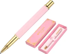 Stylo-bille belius macaron bliss hexagonal aluminium details et attributs or encre bleue coloris rose coffret cadeau