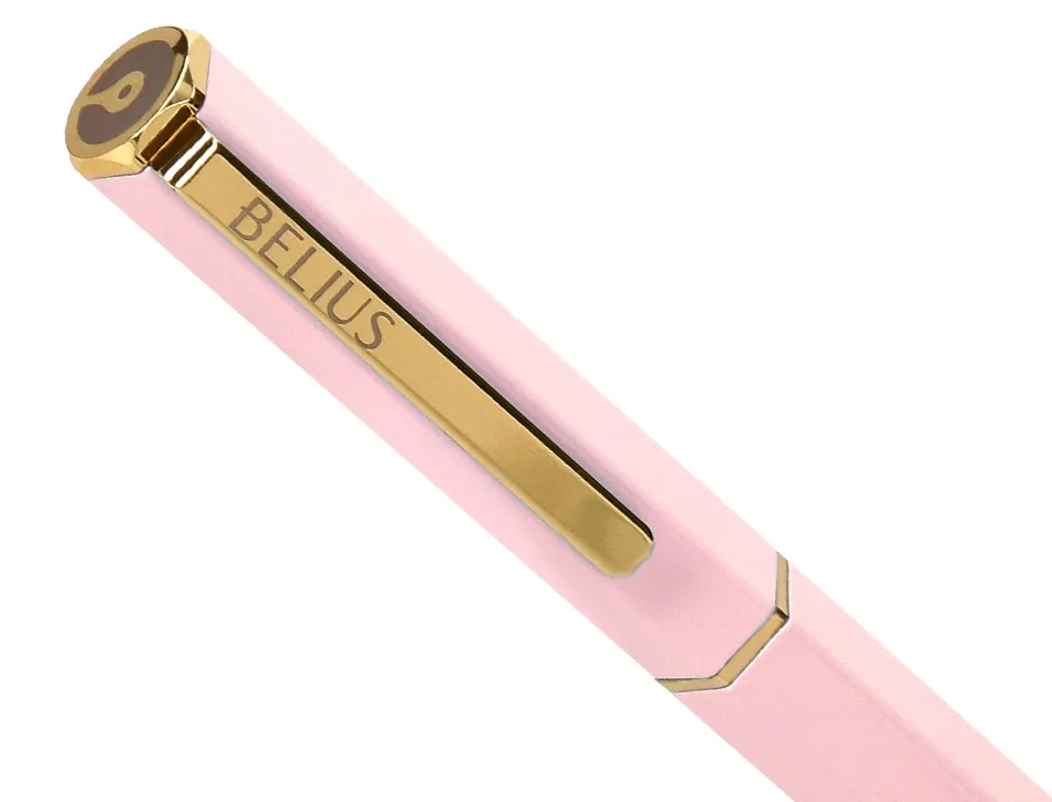 Stylo-bille belius macaron bliss hexagonal aluminium details et attributs or encre bleue coloris rose coffret cadeau