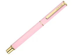Stylo-bille belius macaron bliss hexagonal aluminium details et attributs or encre bleue coloris rose coffret cadeau