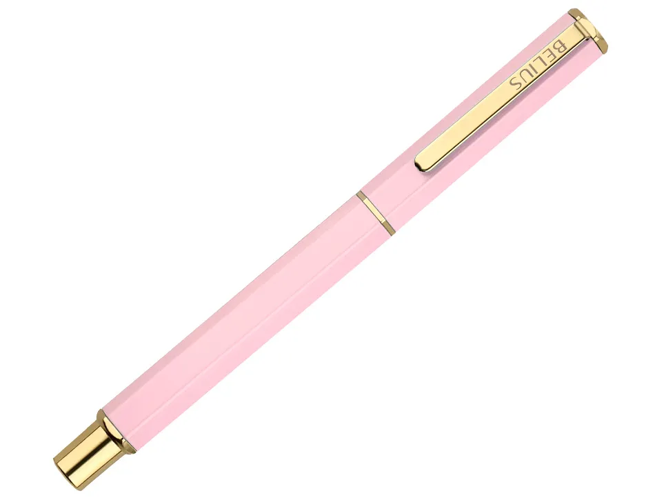 Stylo-bille belius macaron bliss hexagonal aluminium details et attributs or encre bleue coloris rose coffret cadeau