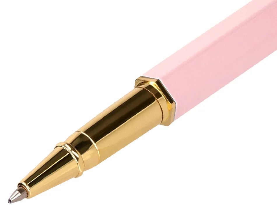 Stylo-bille belius macaron bliss hexagonal aluminium details et attributs or encre bleue coloris rose coffret cadeau