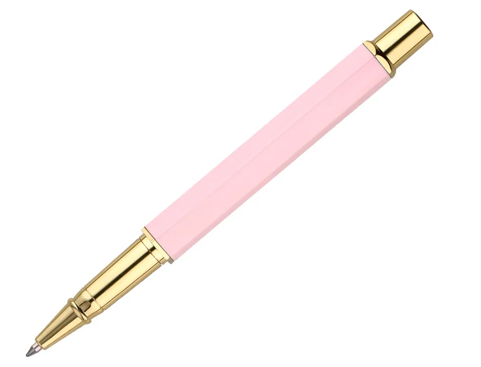 Stylo-bille belius macaron bliss hexagonal aluminium details et attributs or encre bleue coloris rose coffret cadeau