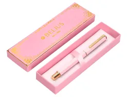 Stylo-bille belius macaron bliss hexagonal aluminium details et attributs or encre bleue coloris rose coffret cadeau