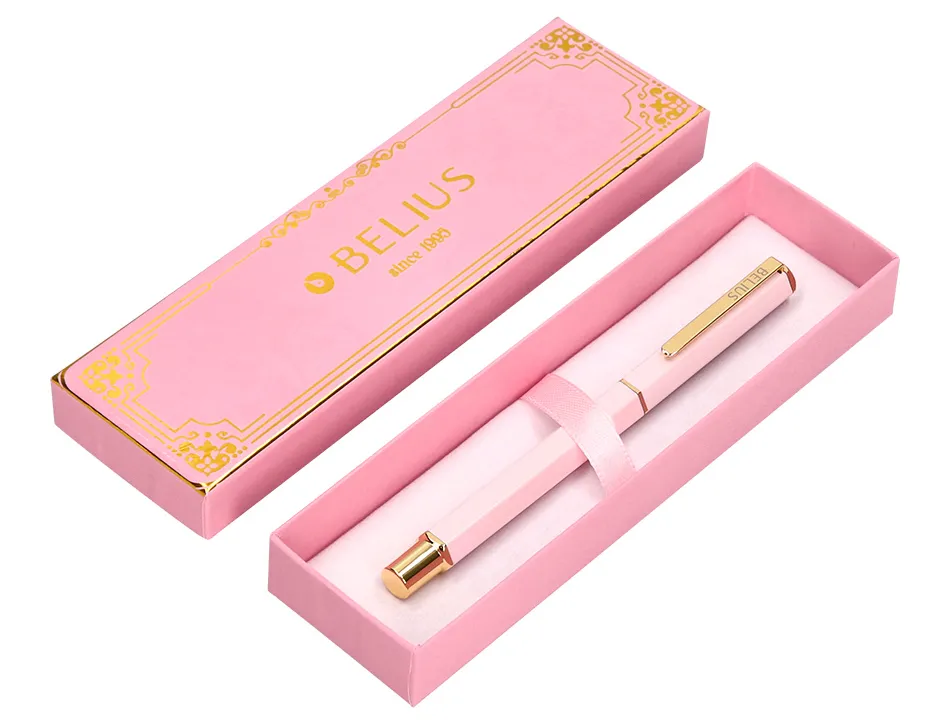 Stylo-bille belius macaron bliss hexagonal aluminium details et attributs or encre bleue coloris rose coffret cadeau