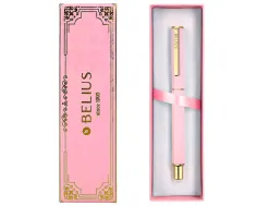 Stylo-bille belius macaron bliss hexagonal aluminium details et attributs or encre bleue coloris rose coffret cadeau