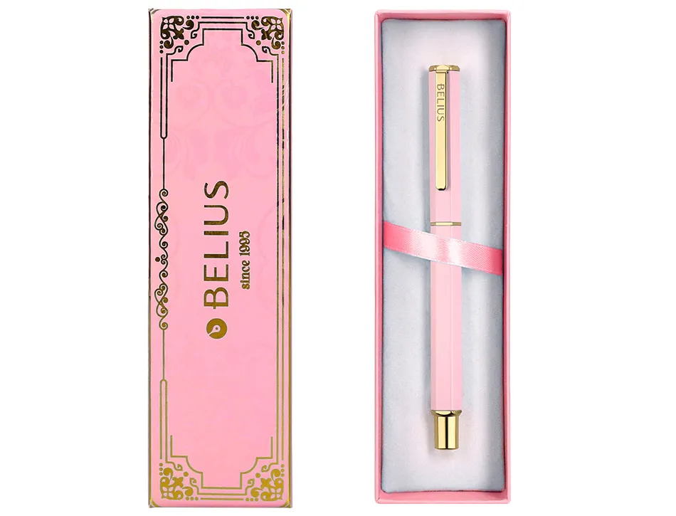 Stylo-bille belius macaron bliss hexagonal aluminium details et attributs or encre bleue coloris rose coffret cadeau