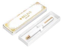 Stylo-bille belius macaron bliss hexagonal aluminium details et attributs or encre bleue coloris blanc coffret cadeau
