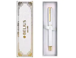 Stylo-bille belius macaron bliss hexagonal aluminium details et attributs or encre bleue coloris blanc coffret cadeau