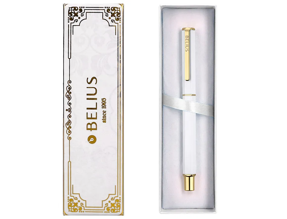 Stylo-bille belius macaron bliss hexagonal aluminium details et attributs or encre bleue coloris blanc coffret cadeau