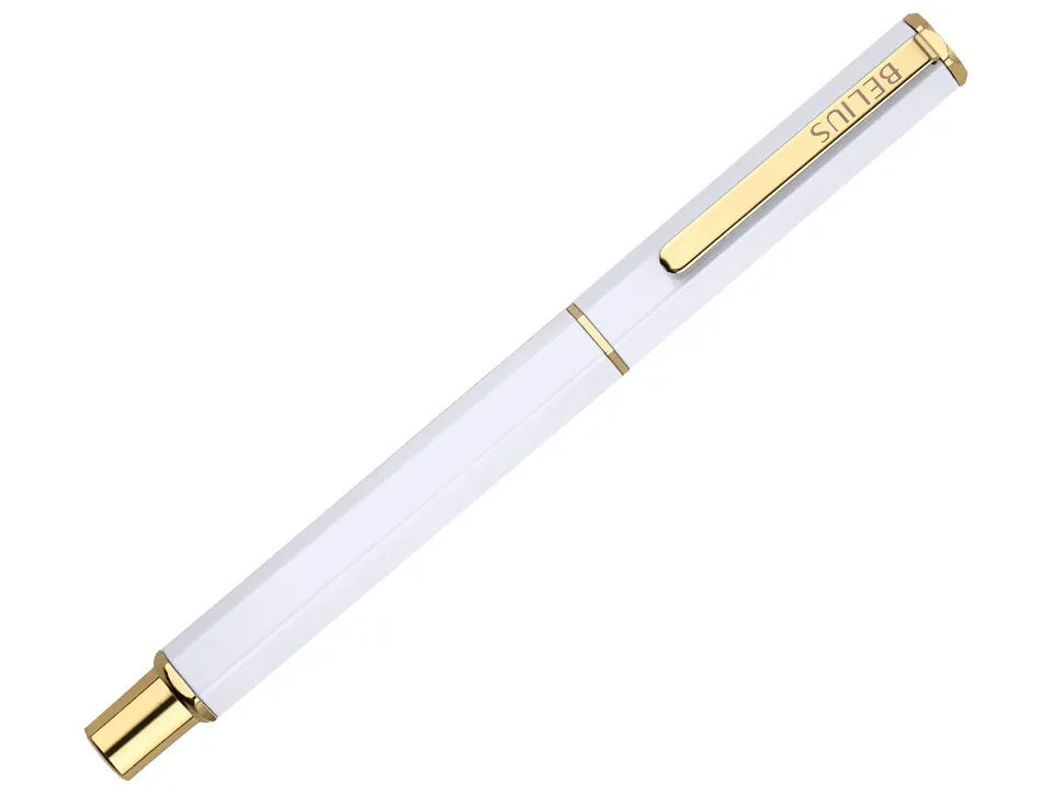 Stylo-bille belius macaron bliss hexagonal aluminium details et attributs or encre bleue coloris blanc coffret cadeau