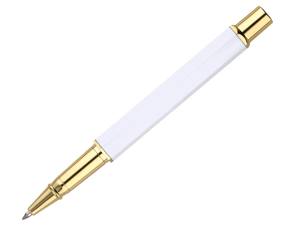 Stylo-bille belius macaron bliss hexagonal aluminium details et attributs or encre bleue coloris blanc coffret cadeau