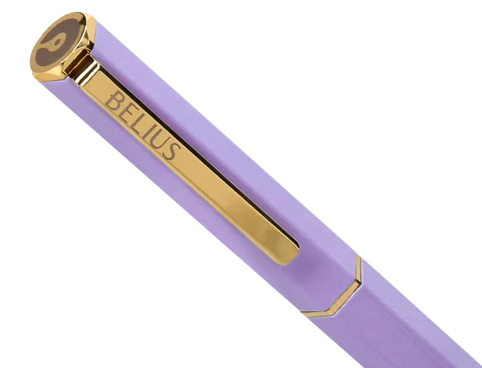 Stylo-bille belius macaron bliss hexagonal aluminium details et attributs or encre bleue coloris mauve coffret cadeau