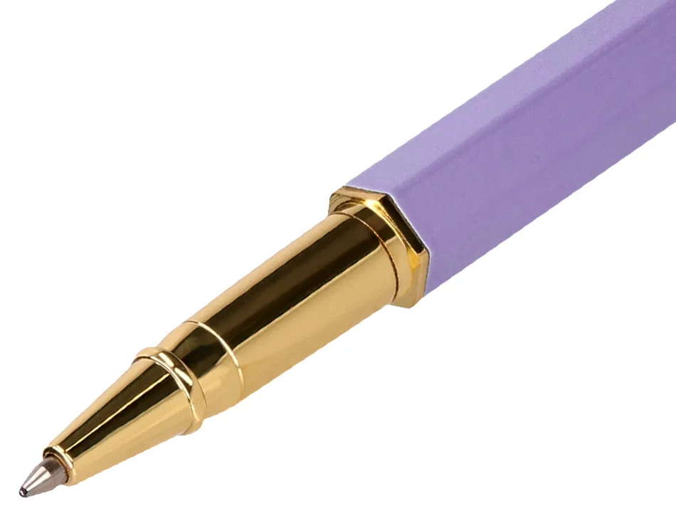Stylo-bille belius macaron bliss hexagonal aluminium details et attributs or encre bleue coloris mauve coffret cadeau