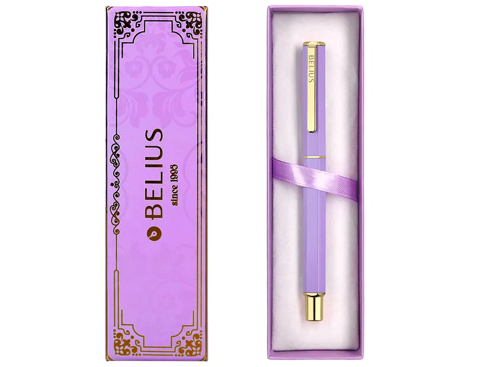 Stylo-bille belius macaron bliss hexagonal aluminium details et attributs or encre bleue coloris mauve coffret cadeau