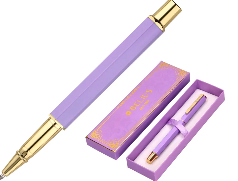 Stylo-bille belius macaron bliss hexagonal aluminium details et attributs or encre bleue coloris mauve coffret cadeau