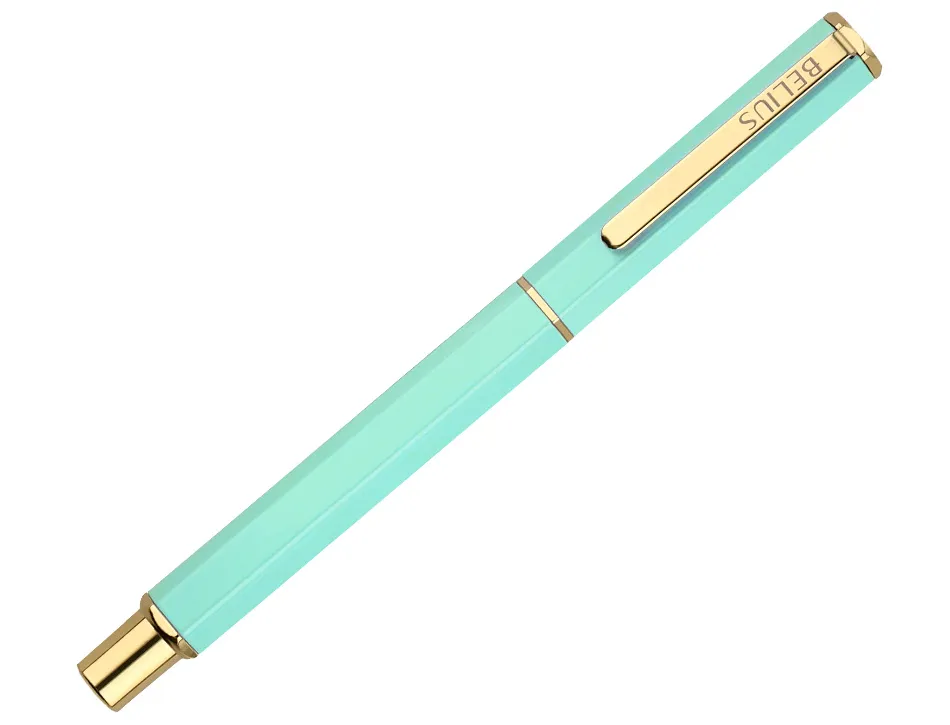 Stylo-bille belius macaron bliss hexagonal aluminium details et attributs or encre bleue coloris vert coffret cadeau